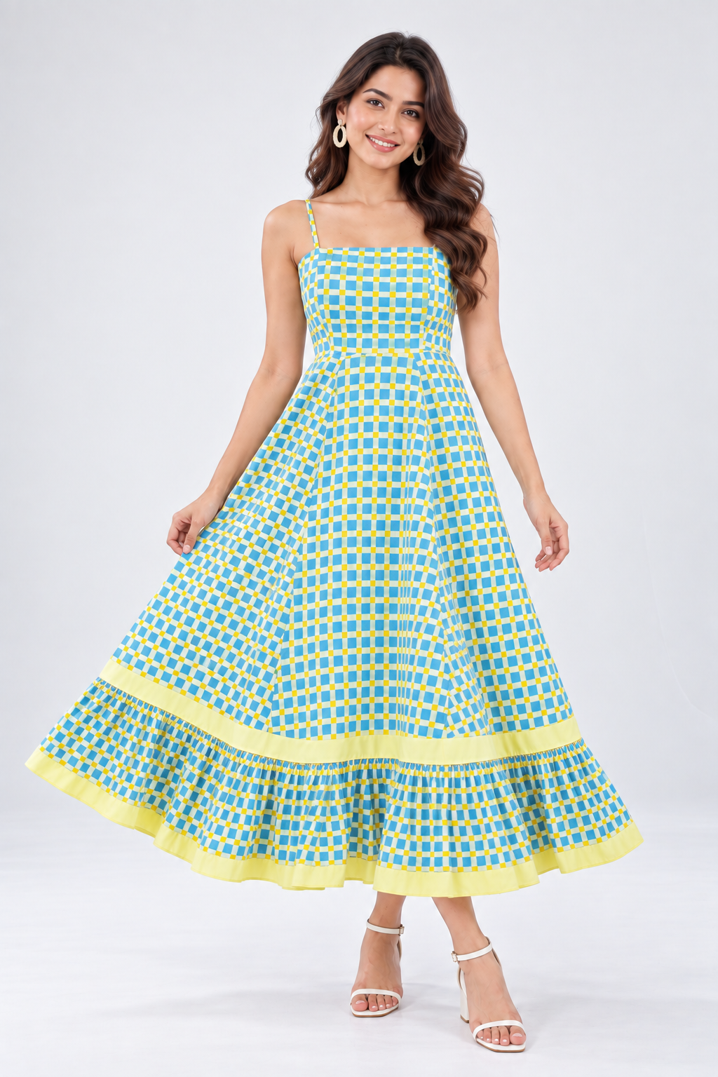 Women Blue & Yellow Gingham Check Fit & Flare Midi Dress with Ruffle Hem