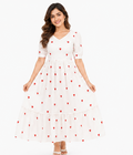 Women White Heart Printed V Neck Tiered Fit and Flare Midi Dress