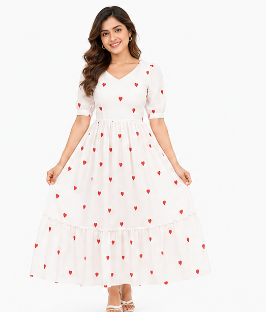 Women White Heart Printed V Neck Tiered Fit and Flare Midi Dress