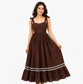 Women Brown Solid Tie Strap Fit & Flare Tiered Midi Dress