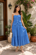 Women Blue Gingham Check Strapless Button Front Tiered Midi Dress