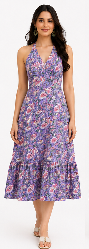 Women Purple Floral Printed Halter Neck Fit and Flare Midi Dress