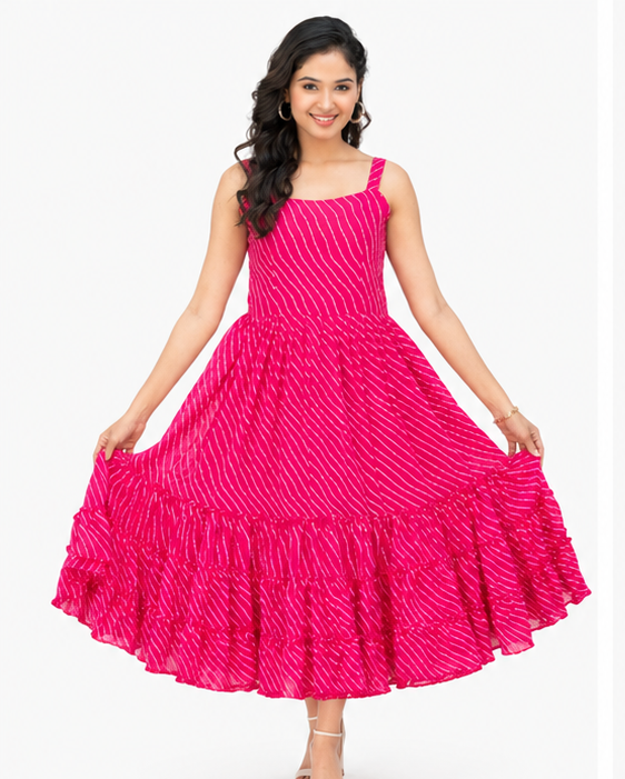 Women Pink Striped Printed Fit & Flare Tiered Midi Dress