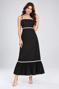 Women Black Contrast Trim A-Line Maxi Dress with Flared Hem