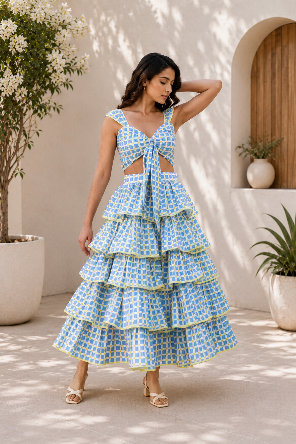 Women Blue & White Checked Tiered Maxi Skirt Set with Tie-Up Crop Top