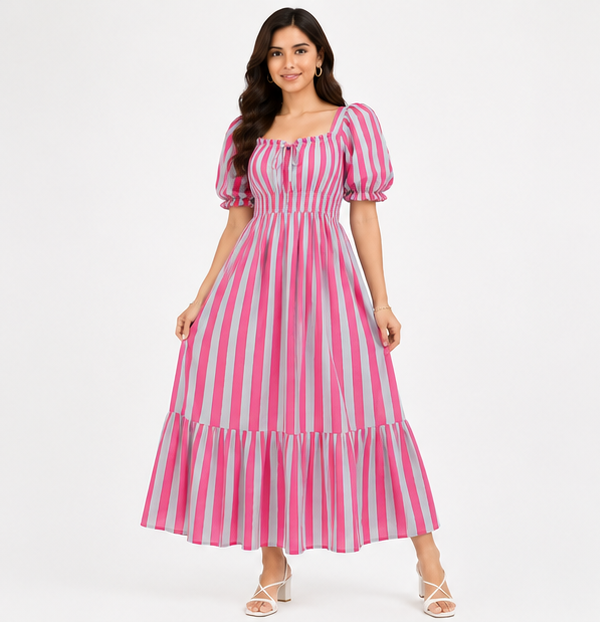 Women Pink and White Striped Midi Dress with Square Neck & Puff Sleeves