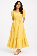 Women Yellow Solid V-Neck Fit & Flare Midi Dress with Puff Sleeves & Waist Tie