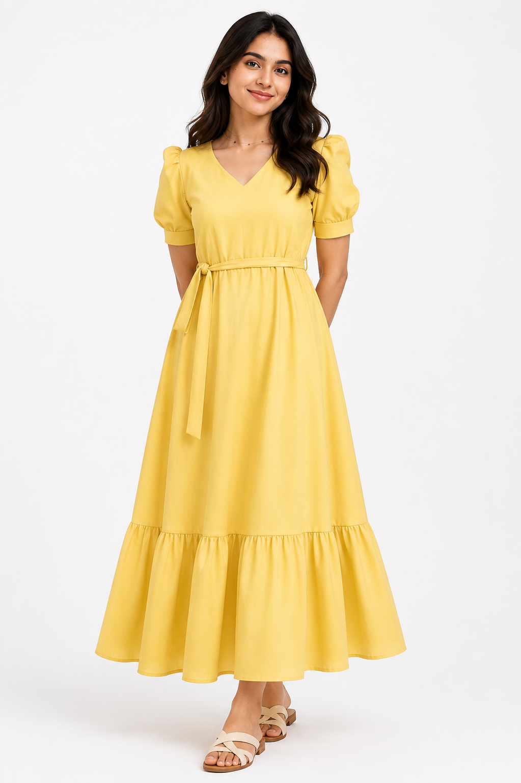 Women Yellow Solid V-Neck Fit & Flare Midi Dress with Puff Sleeves & Waist Tie