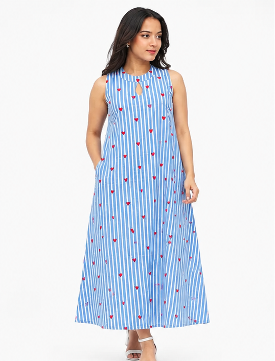Women Blue Striped Heart Printed Sleeveless A-Line Midi Dress