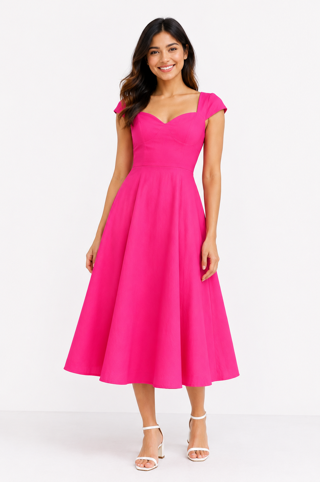 Women Pink Fit & Flare Midi Dress with Sweetheart Neckline & Short Sleeves