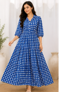 Women Blue Checked Tiered Maxi Dress with V-Neck, Button Front & 3/4 Sleeves