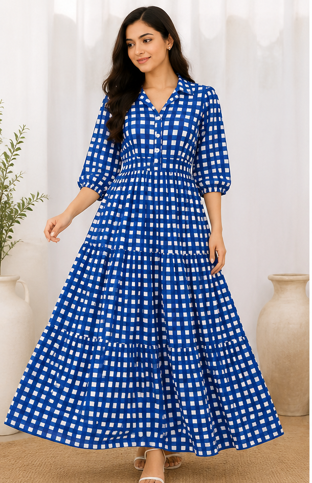 Women Blue Checked Tiered Maxi Dress with V-Neck, Button Front & 3/4 Sleeves