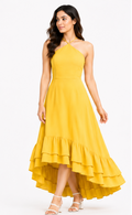 Women Yellow Halter Neck High Low Maxi Dress with Layered Ruffle Hem