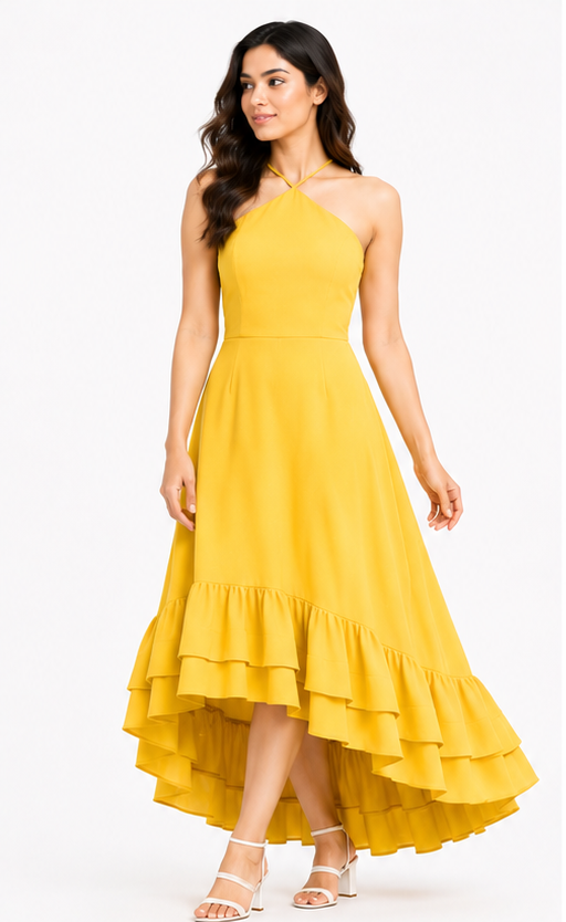 Women Yellow Halter Neck High Low Maxi Dress with Layered Ruffle Hem