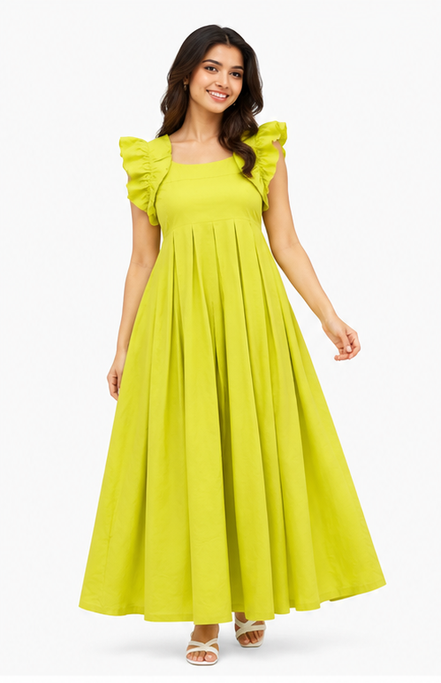 Women Lime Green Solid Square Neck Fit & Flare Maxi Dress