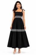 Women Black Maxi Dress with Contrast White Lace Detailing & Tie-Up Straps