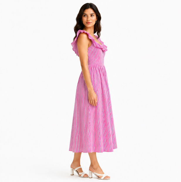 Women Pink Striped Printed Fit and Flare Midi Dress with Ruffle Neck
