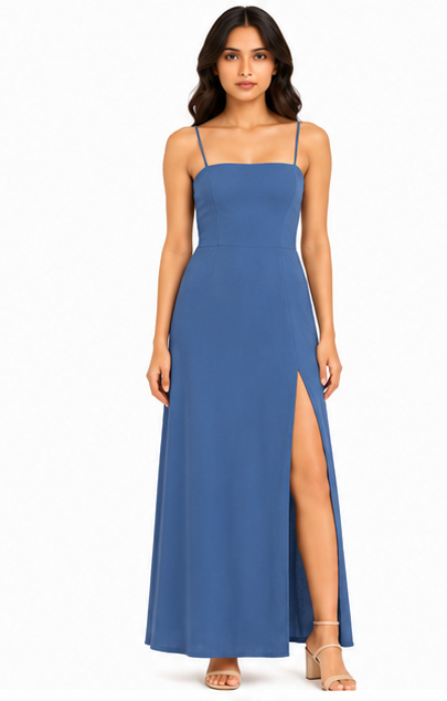Women Blue Solid Spaghetti Strap Slit Maxi Dress