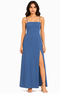 Women Blue Solid Spaghetti Strap Slit Maxi Dress