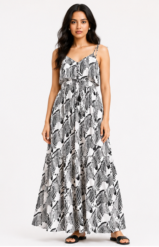 Women Black & White Abstract Animal Print Tiered Maxi Dress with Spaghetti Straps