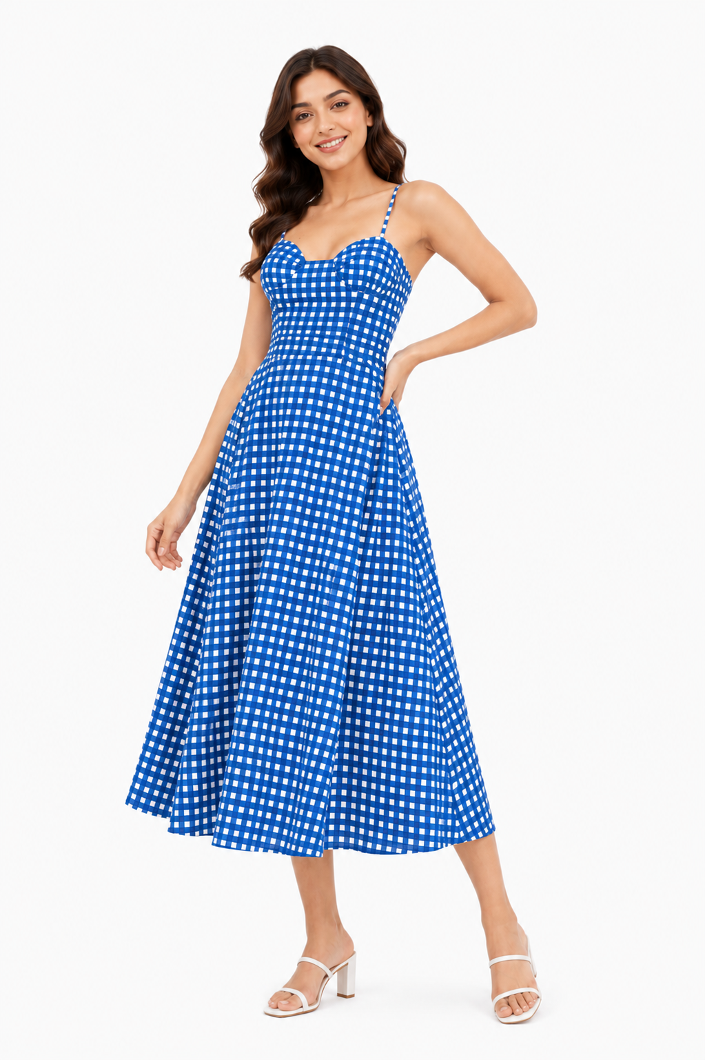 Women Blue Gingham Check Fit & Flare Midi Dress with Spaghetti Straps