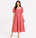 Women Red Gingham Check Midi Dress with Square Neck & Puff Sleeves