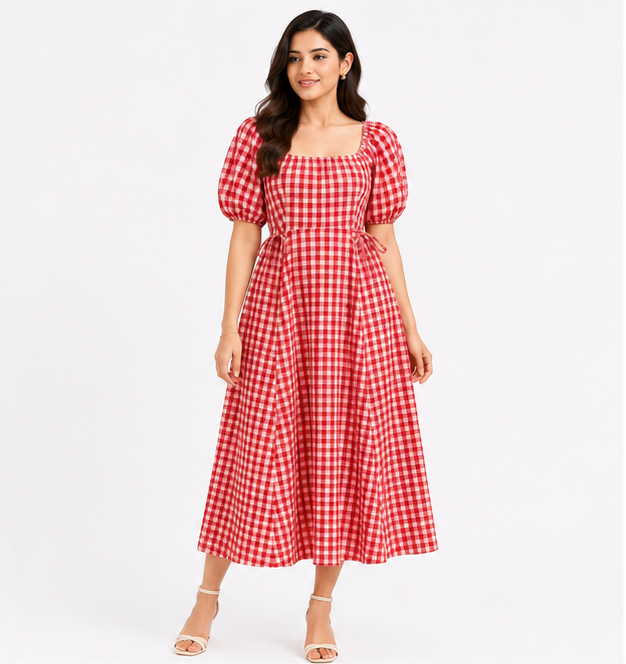 Women Red Gingham Check Midi Dress with Square Neck & Puff Sleeves