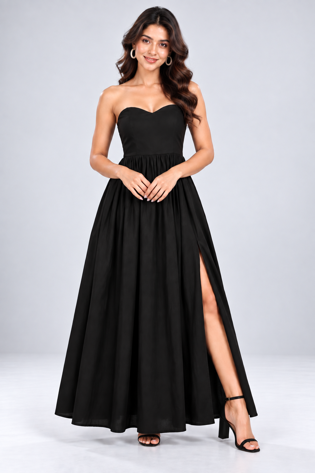 Women Black Strapless Sweetheart Neck Maxi Dress with Side Slit
