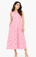 Women Pink Striped Heart Printed A-Line Midi Dress