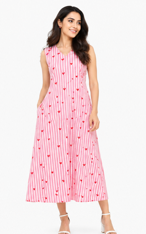 Women Pink Striped Heart Printed A-Line Midi Dress