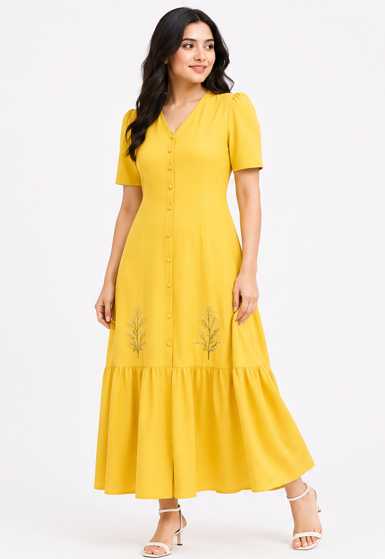 Women Yellow Embroidered Fit & Flare Midi Dress with V-Neck & Button Front
