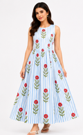 Women Blue Striped Floral Print Fit & Flare Maxi Dress – Sleeveless Summer Dress