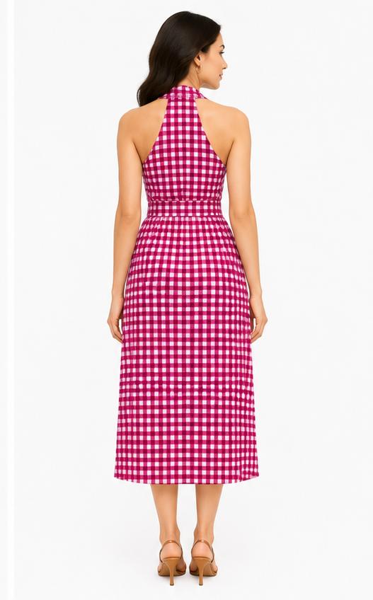Women Pink Gingham Checked Halter Neck Wrap Midi Dress