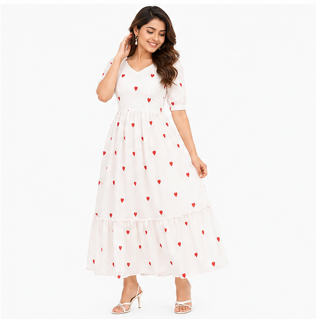 Women White Heart Printed V Neck Tiered Fit and Flare Midi Dress