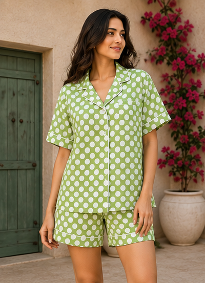 Women Green Polka Dot Printed Shirt & Shorts Co-Ord Set