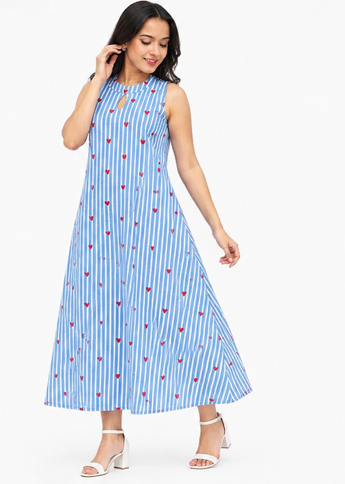 Women Blue Striped Heart Printed Sleeveless A-Line Midi Dress