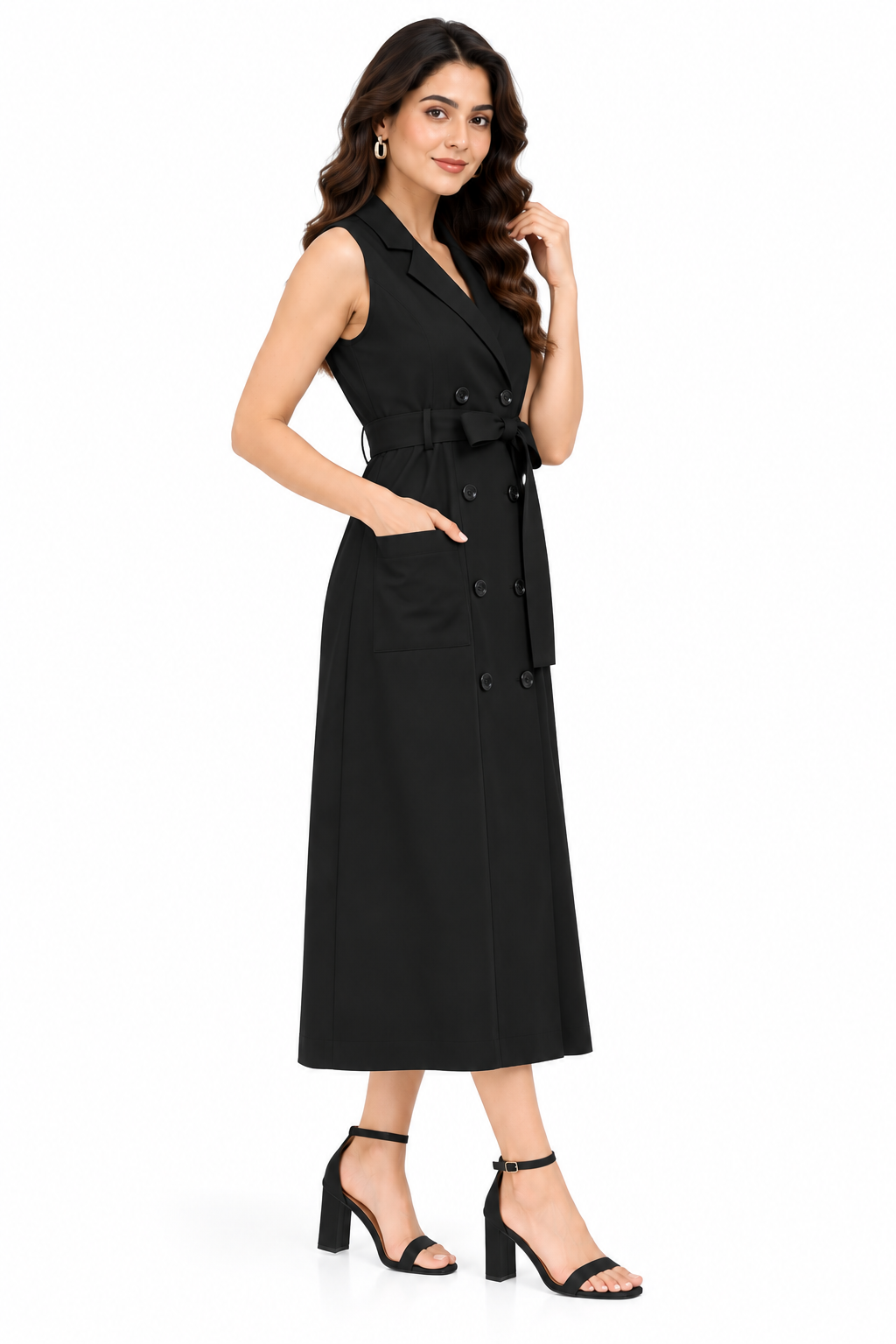 Women Black Solid Double Breasted Belted Blazer Style Midi Dress