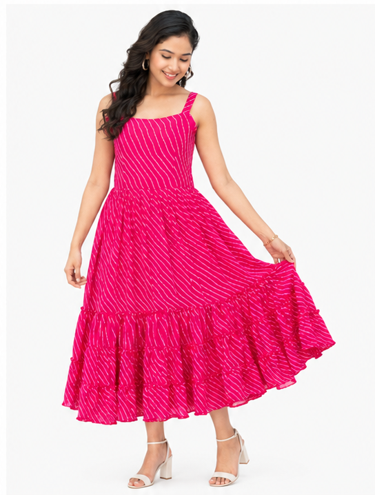 Women Pink Striped Printed Fit & Flare Tiered Midi Dress