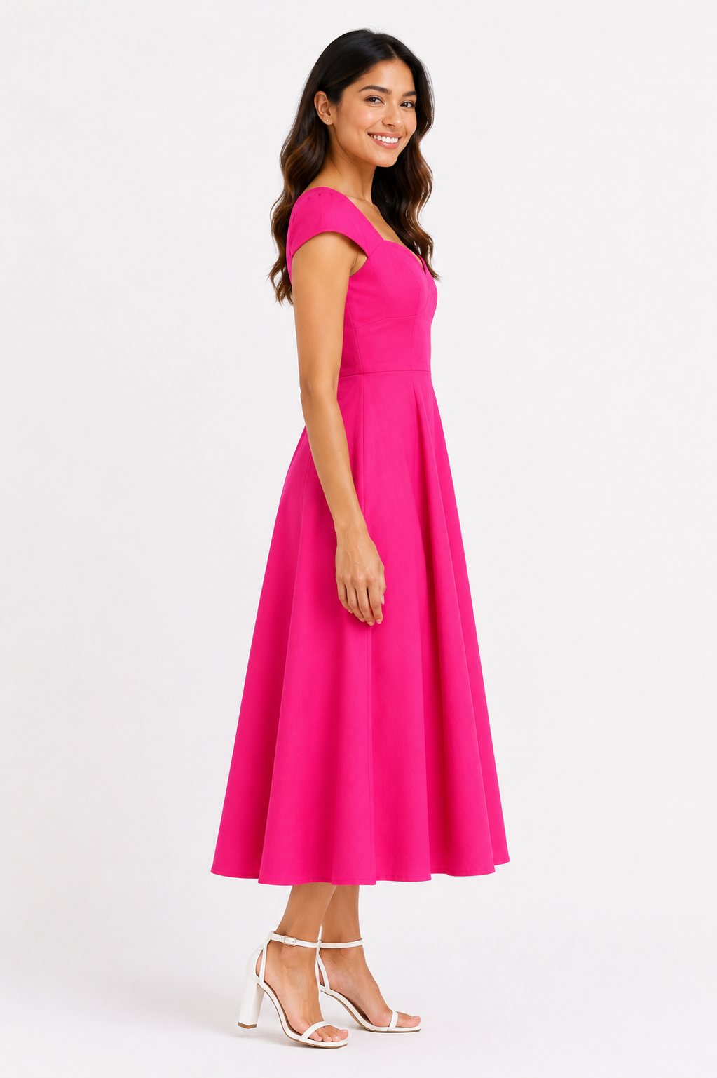 Women Pink Fit & Flare Midi Dress with Sweetheart Neckline & Short Sleeves