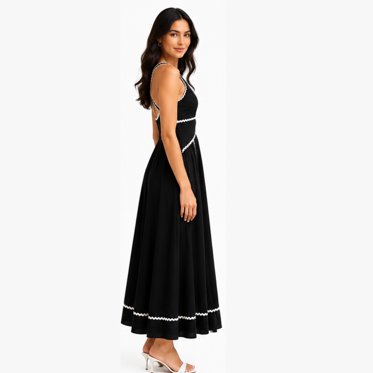 Women Black Contrast Trim Fit and Flare Midi Dress with Cut Out