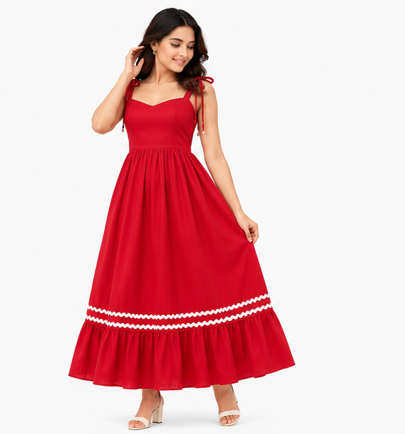 Women Red Solid Tie Strap Fit and Flare Tiered Midi Dress