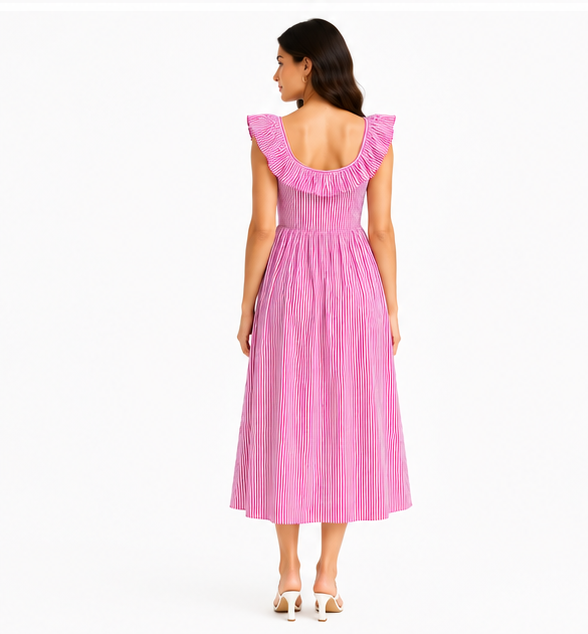 Women Pink Striped Printed Fit and Flare Midi Dress with Ruffle Neck