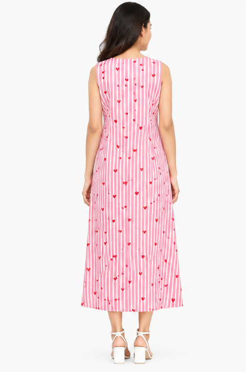 Women Pink Striped Heart Printed A-Line Midi Dress