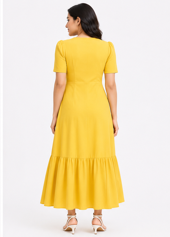 Women Yellow Embroidered Fit & Flare Midi Dress with V-Neck & Button Front