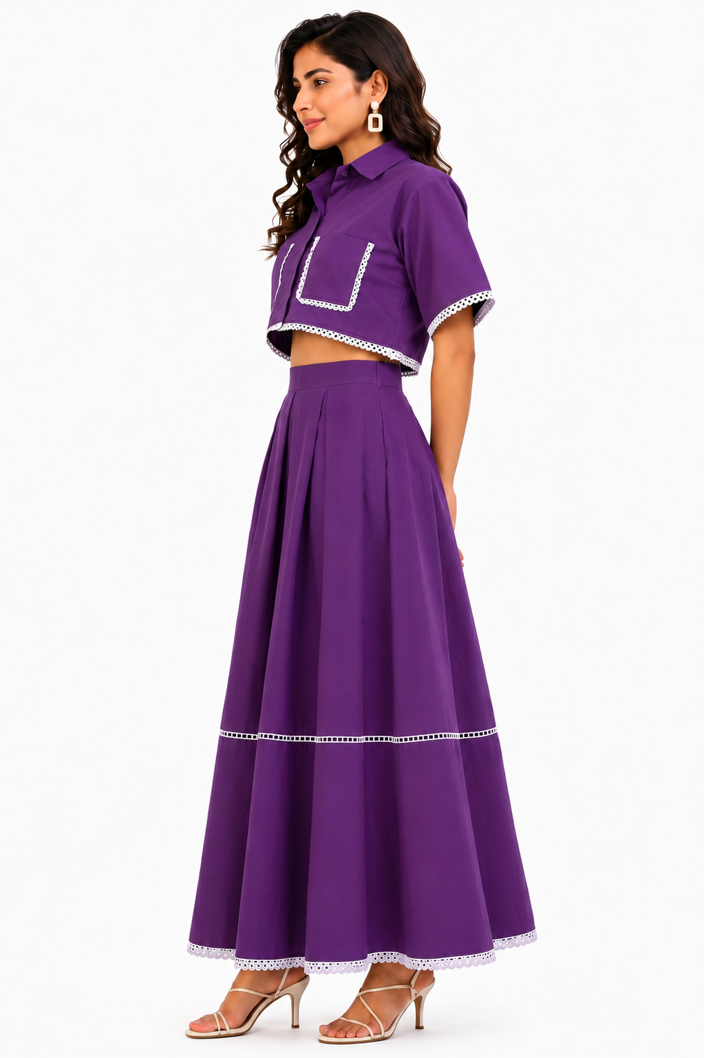 Women Purple Crop Shirt & Flared Maxi Skirt Co-Ord Set with Lace Detailing