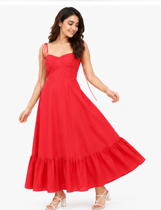 Women Red Solid Ruched Tie Strap Fit & Flare Tiered Maxi Dress