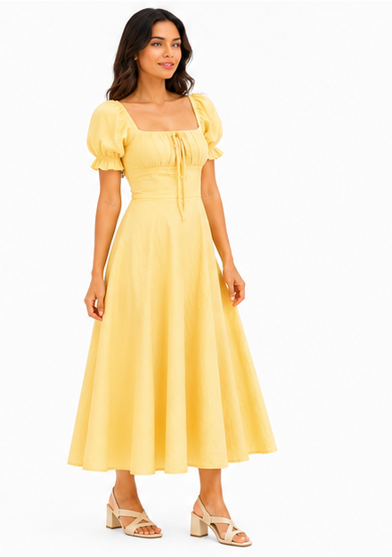 Women Yellow Solid Square Neck Puff Sleeve Fit and Flare Midi Dress