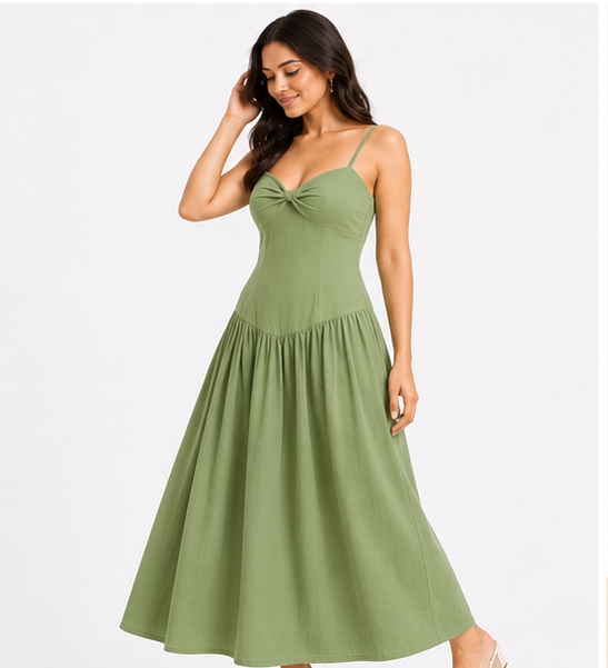 Women Sage Green Spaghetti Strap Maxi Dress with Twist Front Sweetheart Neckline
