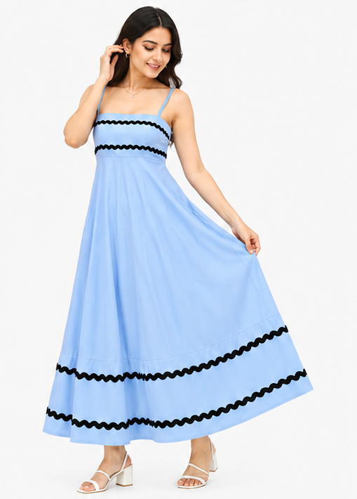 Women Light Blue Solid Contrast Trim Fit & Flare Tiered Maxi Dress