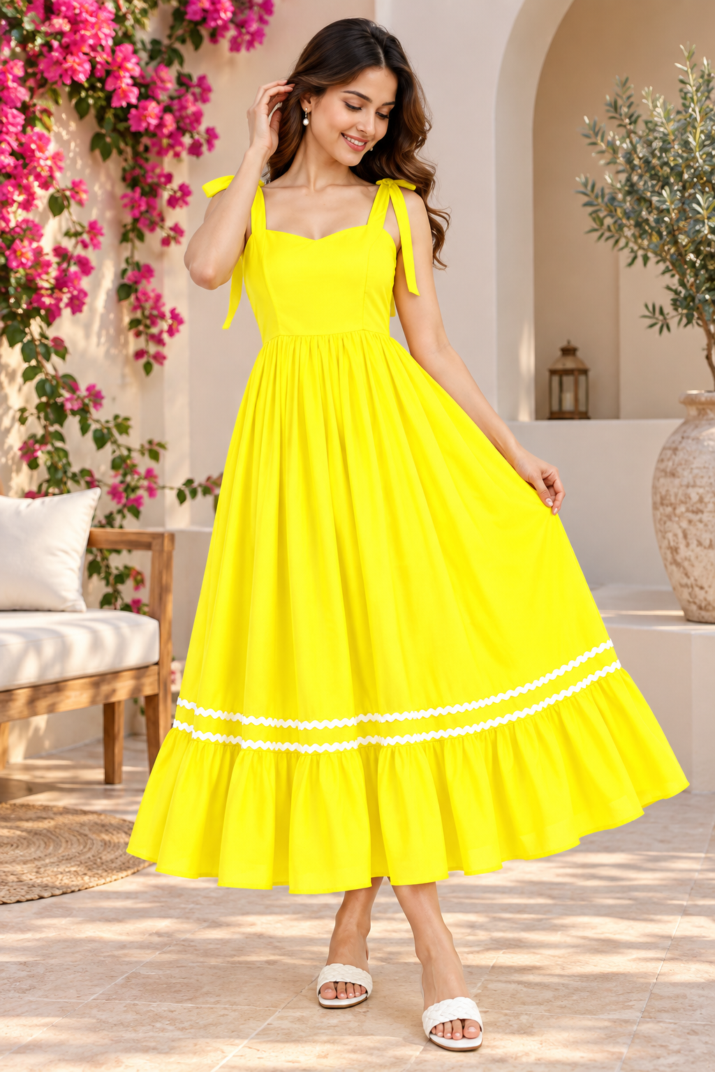 Women Yellow Solid Tie Strap Tiered Fit & Flare Maxi Dress with Contrast Trim